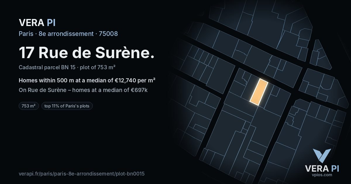 17 Rue de Surène, 8e arrondissement at night – the plot lit, the parcels around coloured by the prices near them