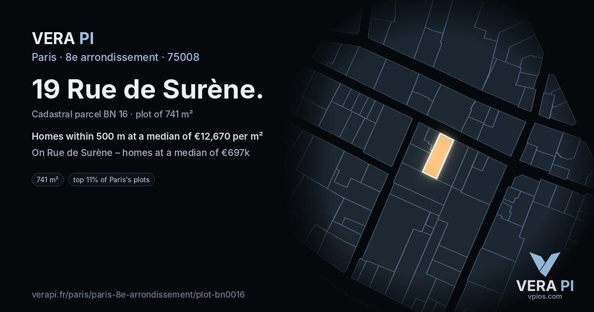 19 Rue de Surène, 8e arrondissement at night – the plot lit, the parcels around coloured by the prices near them