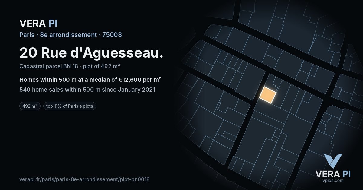 20 Rue d'Aguesseau, 8e arrondissement at night – the plot lit, the parcels around coloured by the prices near them