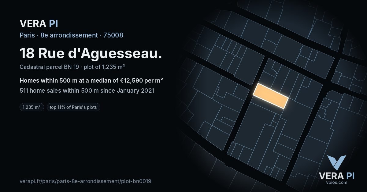 18 Rue d'Aguesseau, 8e arrondissement at night – the plot lit, the parcels around coloured by the prices near them