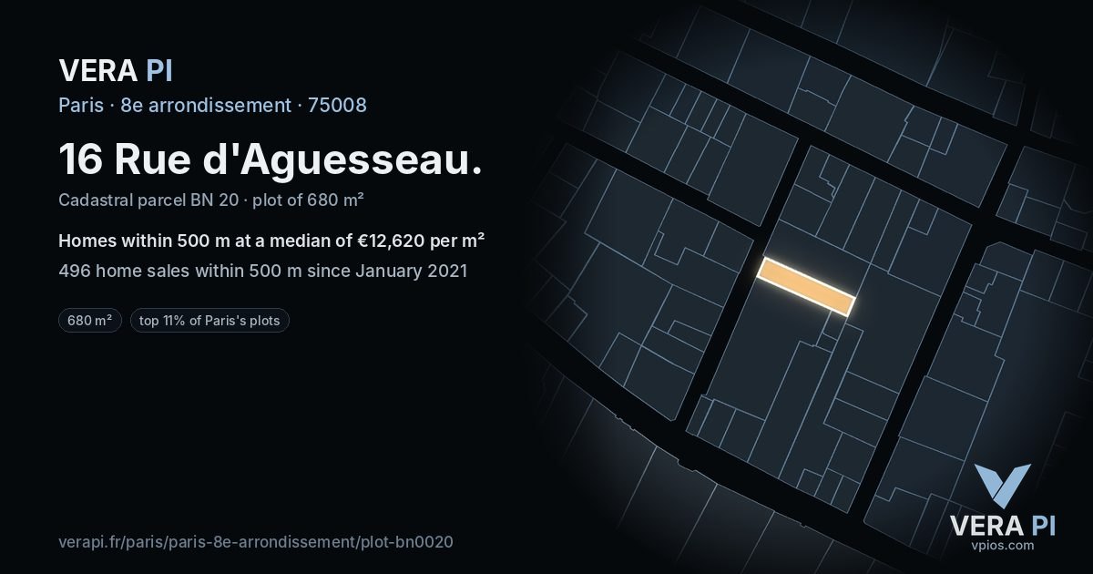 16 Rue d'Aguesseau, 8e arrondissement at night – the plot lit, the parcels around coloured by the prices near them