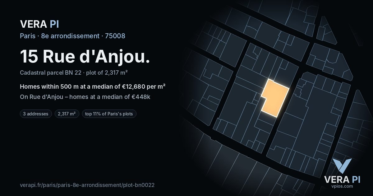 15 Rue d'Anjou, 8e arrondissement at night – the plot lit, the parcels around coloured by the prices near them