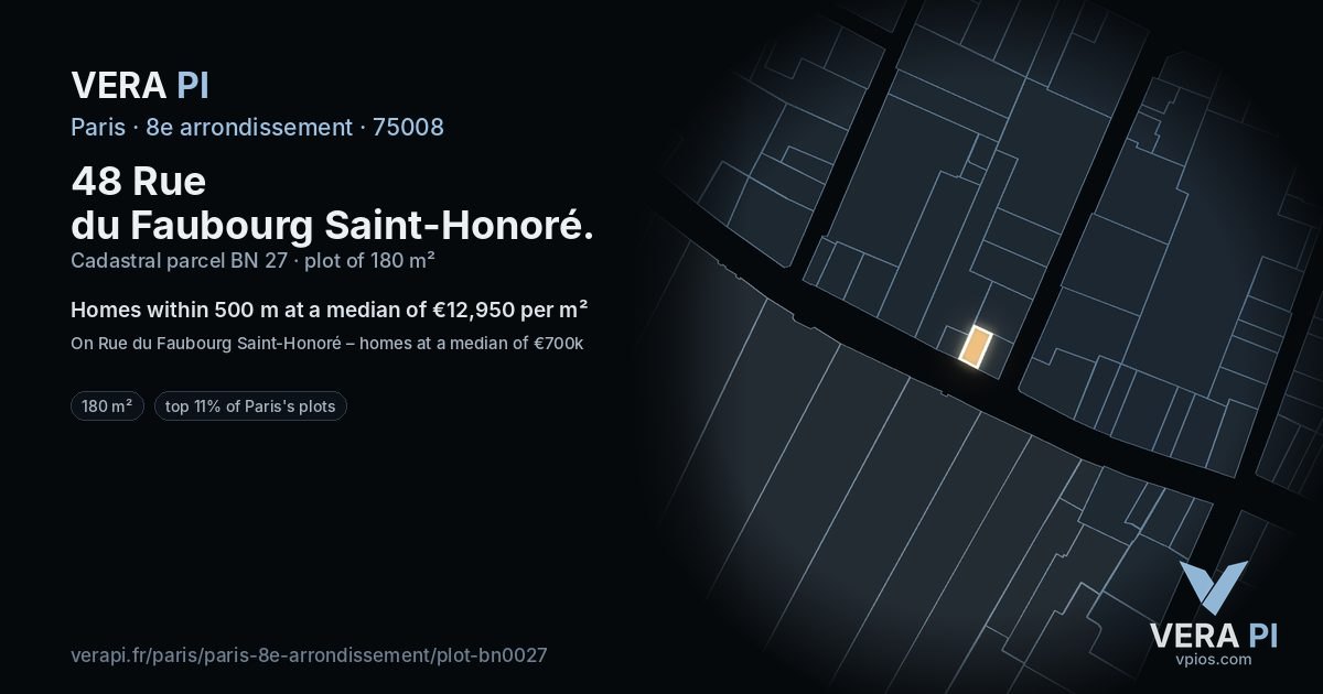 48 Rue du Faubourg Saint-Honoré, 8e arrondissement at night – the plot lit, the parcels around coloured by the prices near them