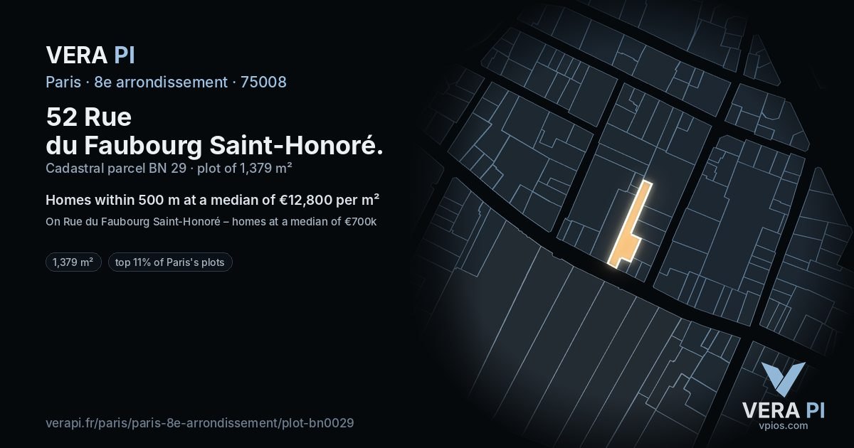 52 Rue du Faubourg Saint-Honoré, 8e arrondissement at night – the plot lit, the parcels around coloured by the prices near them