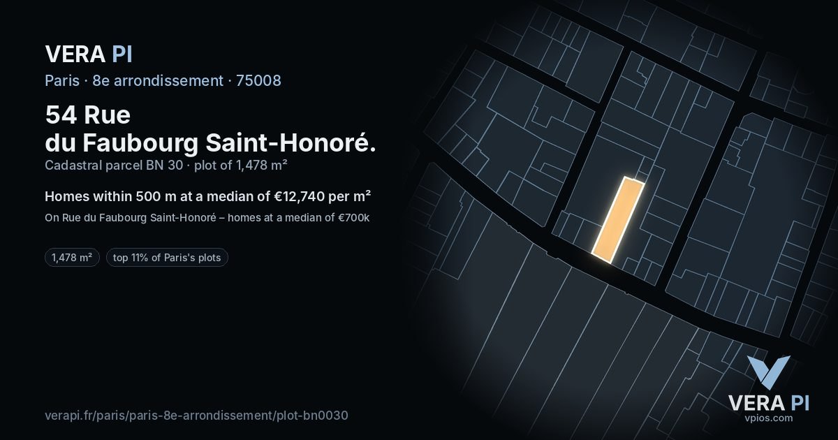 54 Rue du Faubourg Saint-Honoré, 8e arrondissement at night – the plot lit, the parcels around coloured by the prices near them