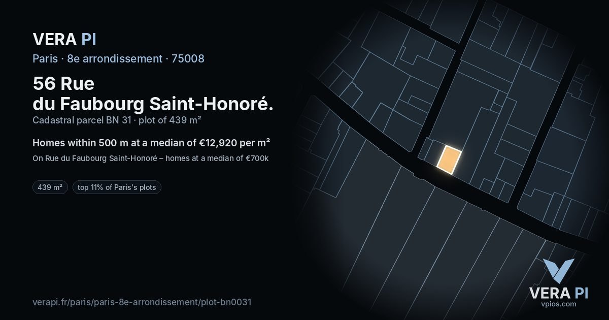 56 Rue du Faubourg Saint-Honoré, 8e arrondissement at night – the plot lit, the parcels around coloured by the prices near them