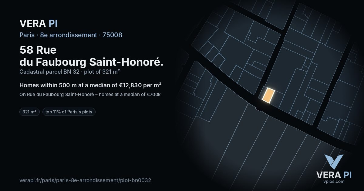 58 Rue du Faubourg Saint-Honoré, 8e arrondissement at night – the plot lit, the parcels around coloured by the prices near them