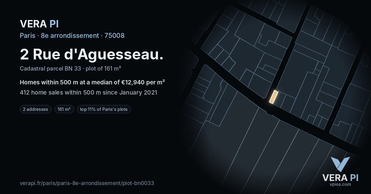 2 Rue d'Aguesseau, 8e arrondissement at night – the plot lit, the parcels around coloured by the prices near them