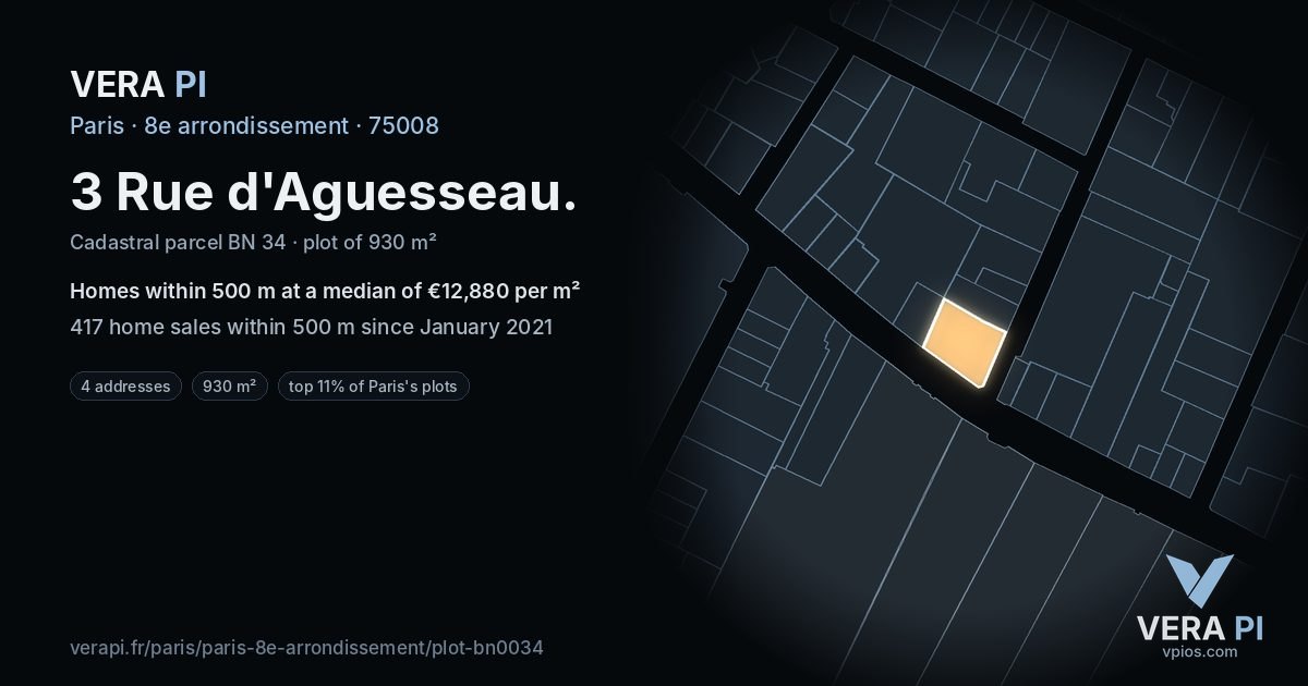 3 Rue d'Aguesseau, 8e arrondissement at night – the plot lit, the parcels around coloured by the prices near them