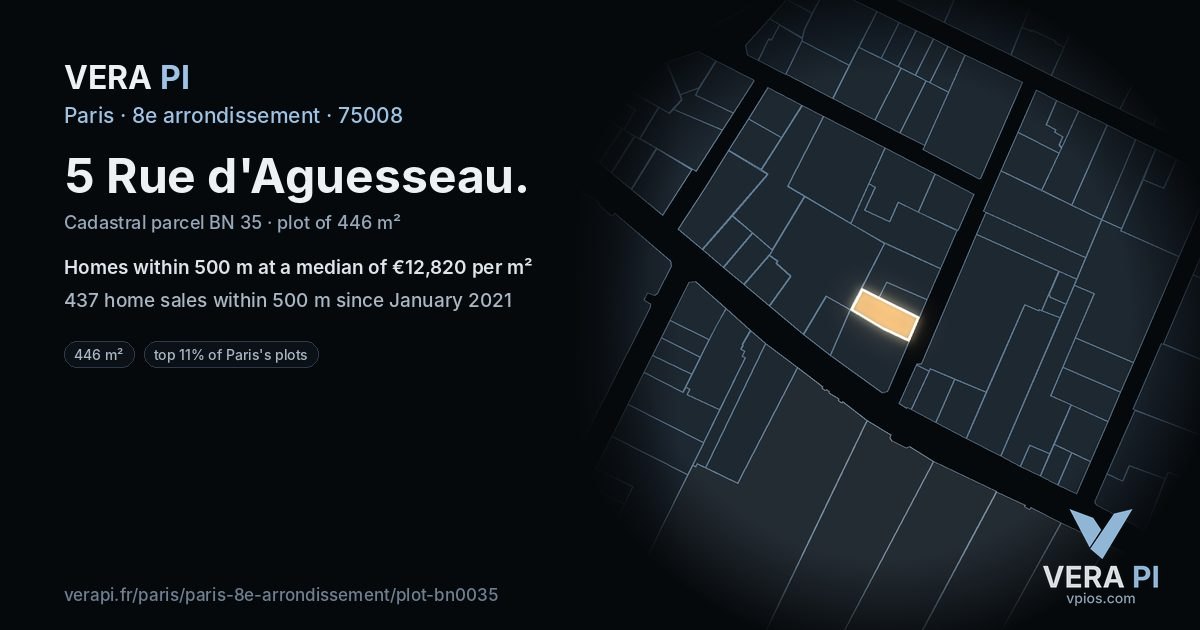 5 Rue d'Aguesseau, 8e arrondissement at night – the plot lit, the parcels around coloured by the prices near them