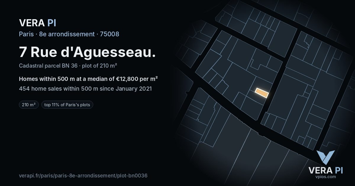 7 Rue d'Aguesseau, 8e arrondissement at night – the plot lit, the parcels around coloured by the prices near them