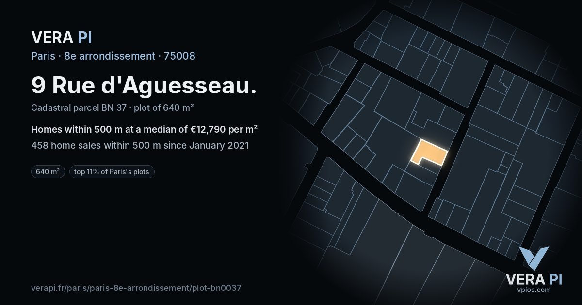 9 Rue d'Aguesseau, 8e arrondissement at night – the plot lit, the parcels around coloured by the prices near them
