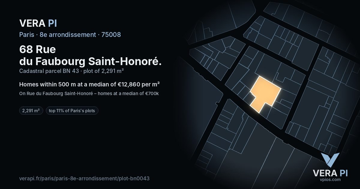 68 Rue du Faubourg Saint-Honoré, 8e arrondissement at night – the plot lit, the parcels around coloured by the prices near them