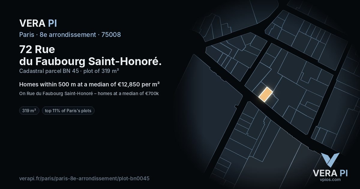 72 Rue du Faubourg Saint-Honoré, 8e arrondissement at night – the plot lit, the parcels around coloured by the prices near them