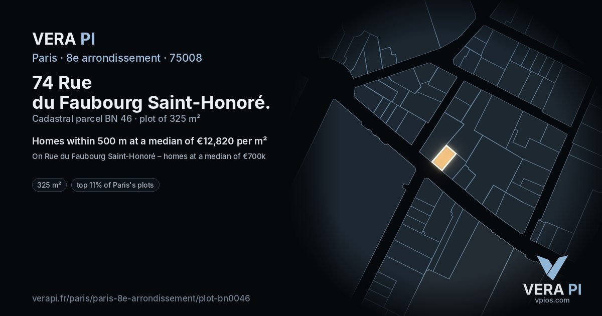 74 Rue du Faubourg Saint-Honoré, 8e arrondissement at night – the plot lit, the parcels around coloured by the prices near them