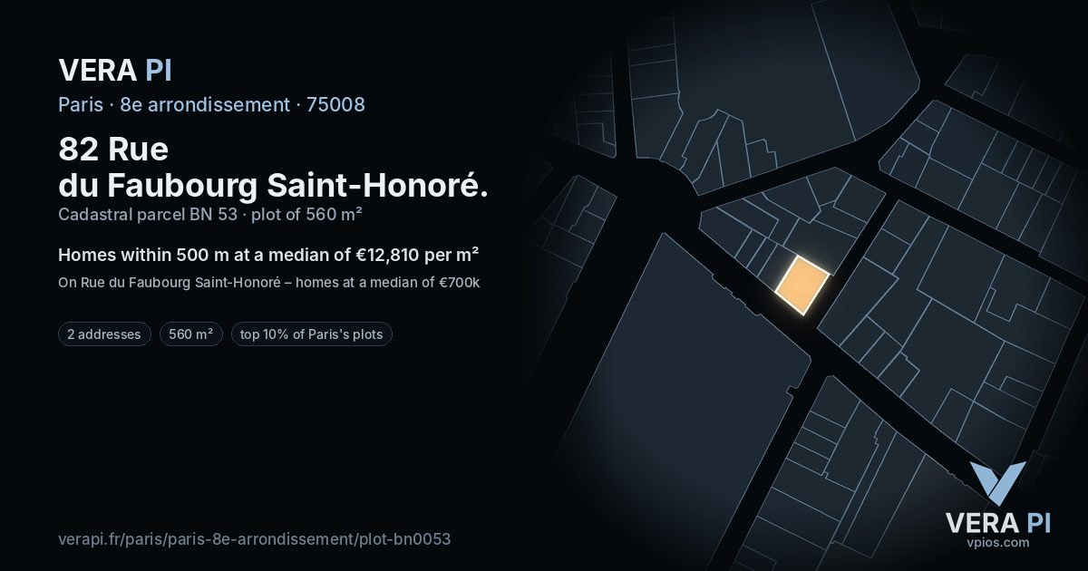 82 Rue du Faubourg Saint-Honoré, 8e arrondissement at night – the plot lit, the parcels around coloured by the prices near them