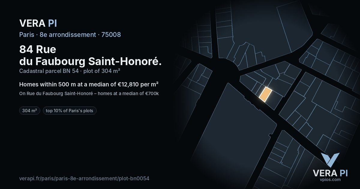 84 Rue du Faubourg Saint-Honoré, 8e arrondissement at night – the plot lit, the parcels around coloured by the prices near them