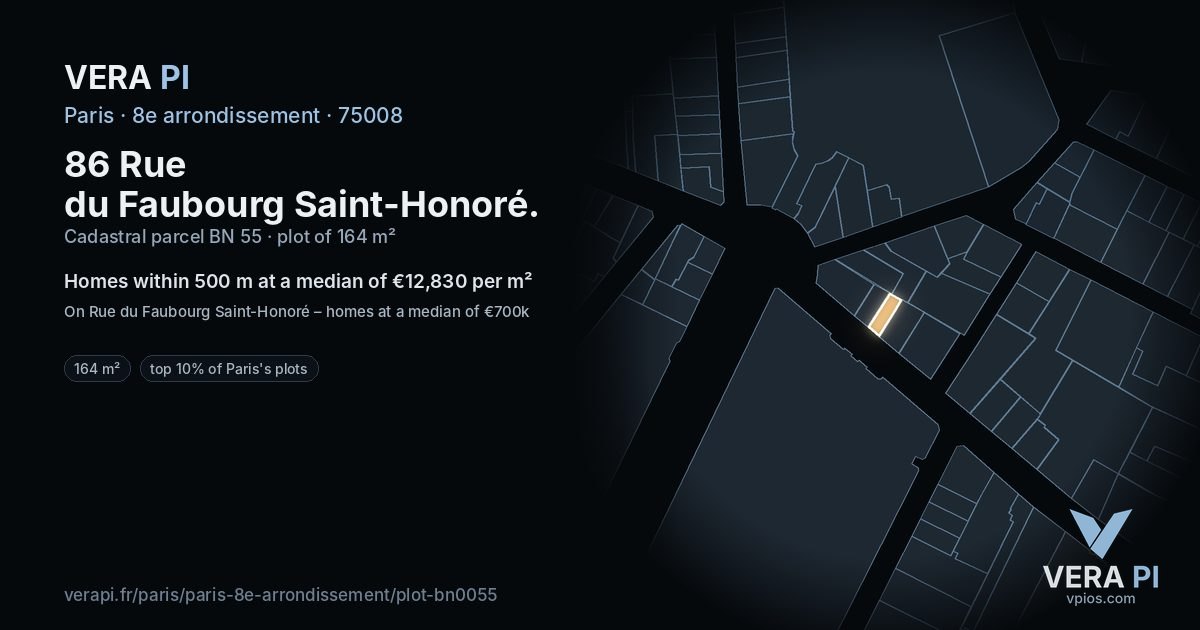 86 Rue du Faubourg Saint-Honoré, 8e arrondissement at night – the plot lit, the parcels around coloured by the prices near them