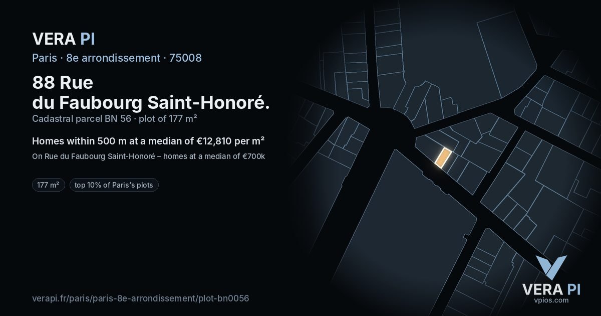 88 Rue du Faubourg Saint-Honoré, 8e arrondissement at night – the plot lit, the parcels around coloured by the prices near them