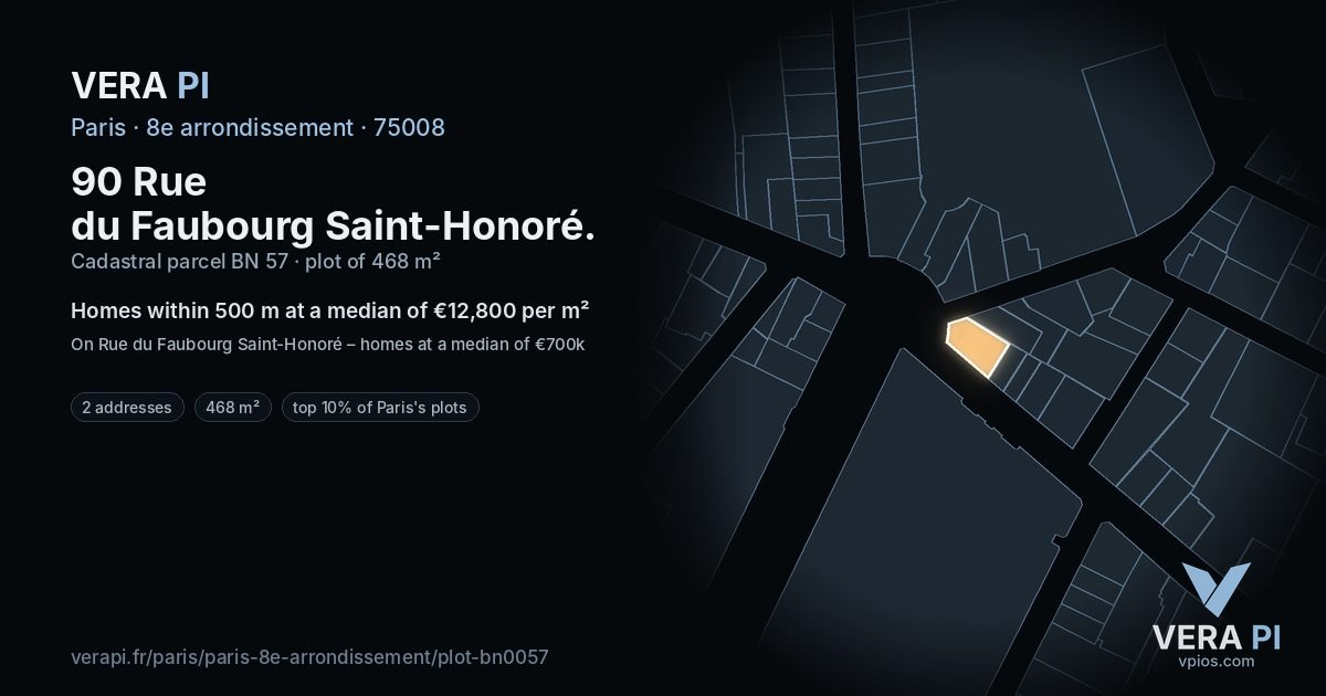 90 Rue du Faubourg Saint-Honoré, 8e arrondissement at night – the plot lit, the parcels around coloured by the prices near them