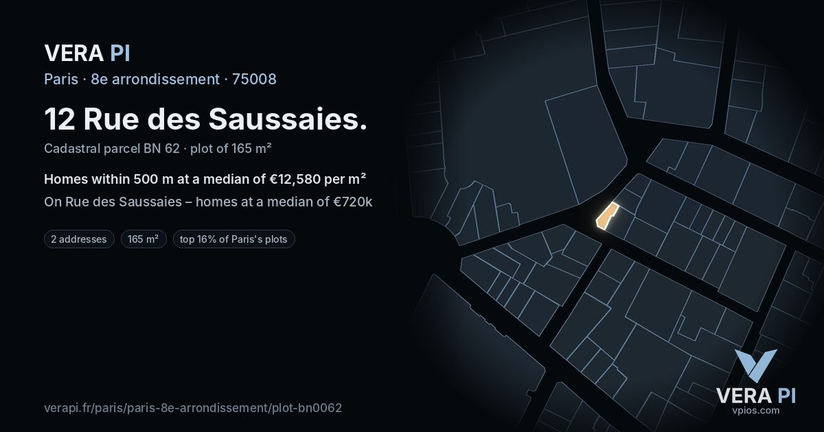 12 Rue des Saussaies, 8e arrondissement at night – the plot lit, the parcels around coloured by the prices near them