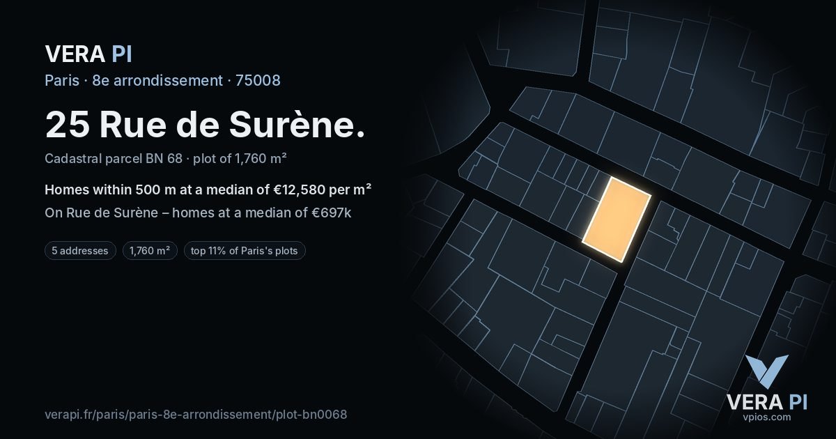 25 Rue de Surène, 8e arrondissement at night – the plot lit, the parcels around coloured by the prices near them