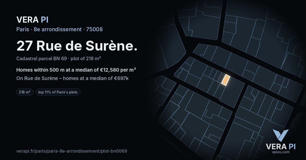 27 Rue de Surène, 8e arrondissement at night – the plot lit, the parcels around coloured by the prices near them