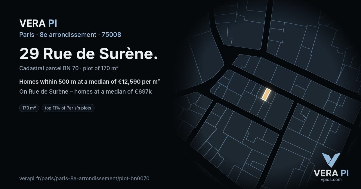 29 Rue de Surène, 8e arrondissement at night – the plot lit, the parcels around coloured by the prices near them