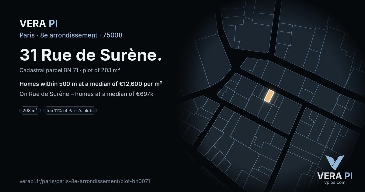 31 Rue de Surène, 8e arrondissement at night – the plot lit, the parcels around coloured by the prices near them