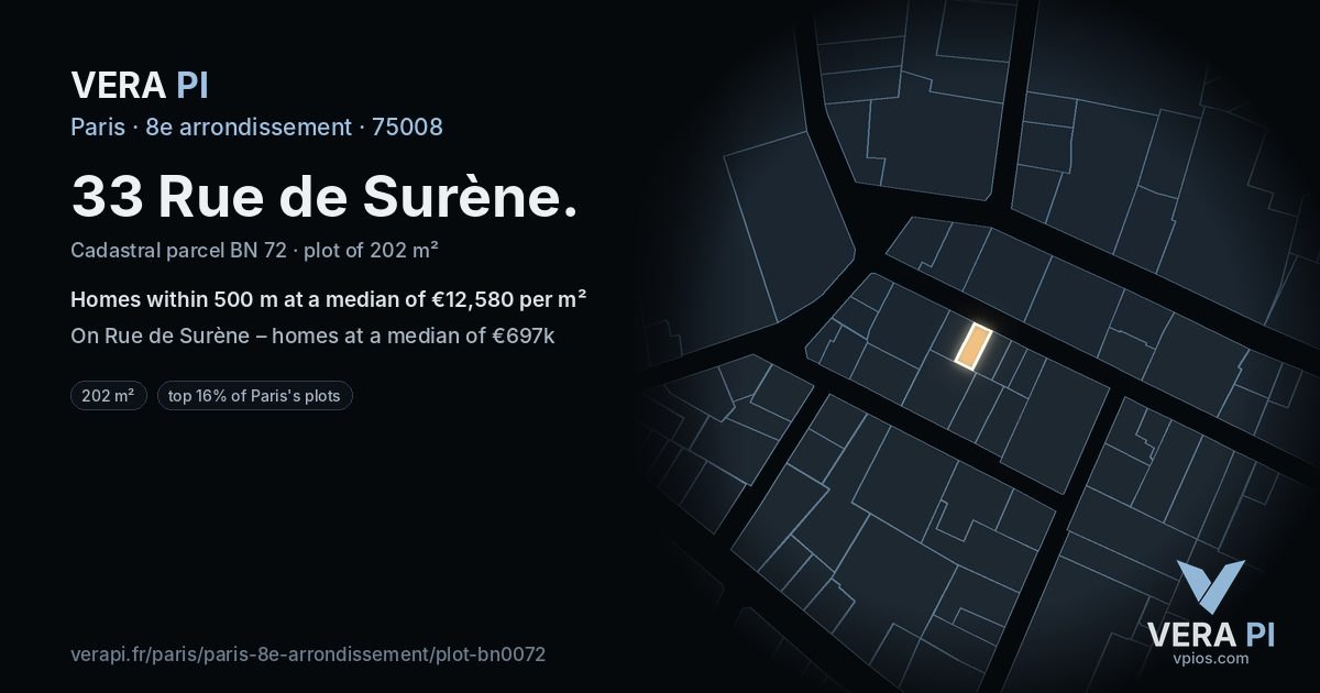 33 Rue de Surène, 8e arrondissement at night – the plot lit, the parcels around coloured by the prices near them