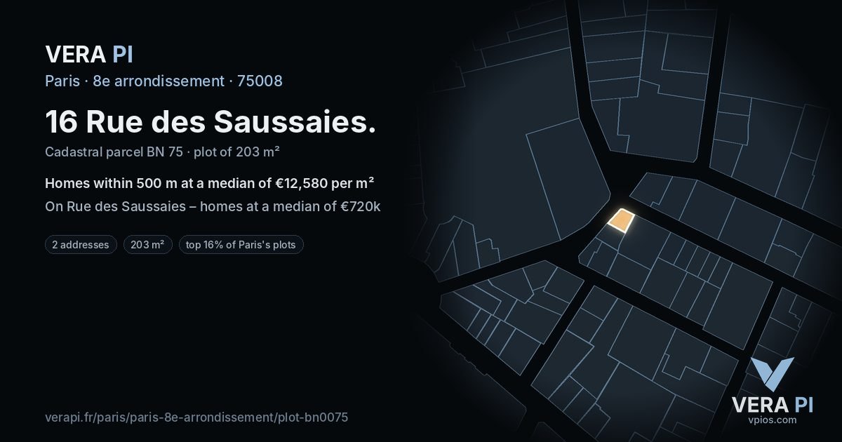 16 Rue des Saussaies, 8e arrondissement at night – the plot lit, the parcels around coloured by the prices near them