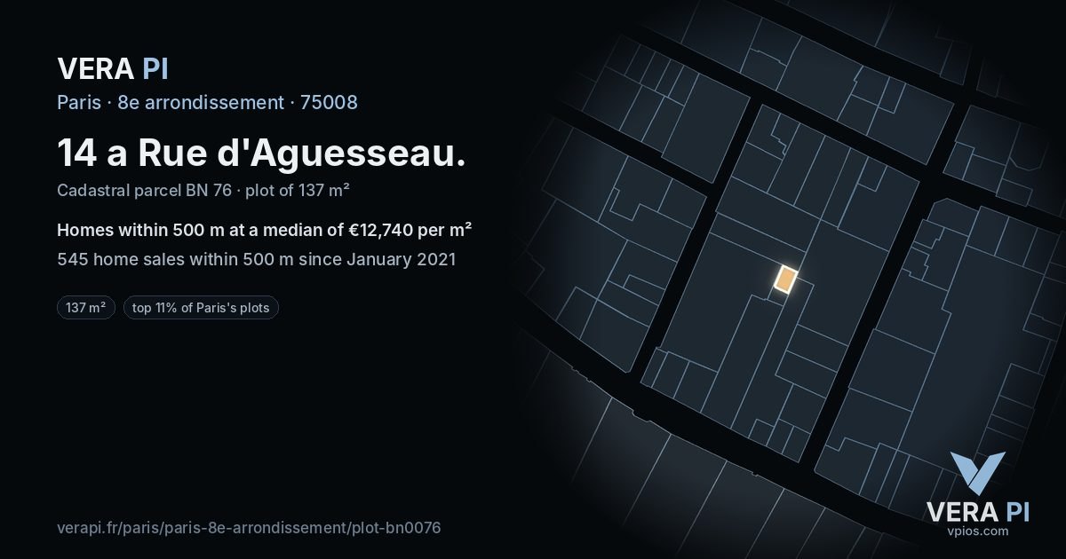 14 a Rue d'Aguesseau, 8e arrondissement at night – the plot lit, the parcels around coloured by the prices near them