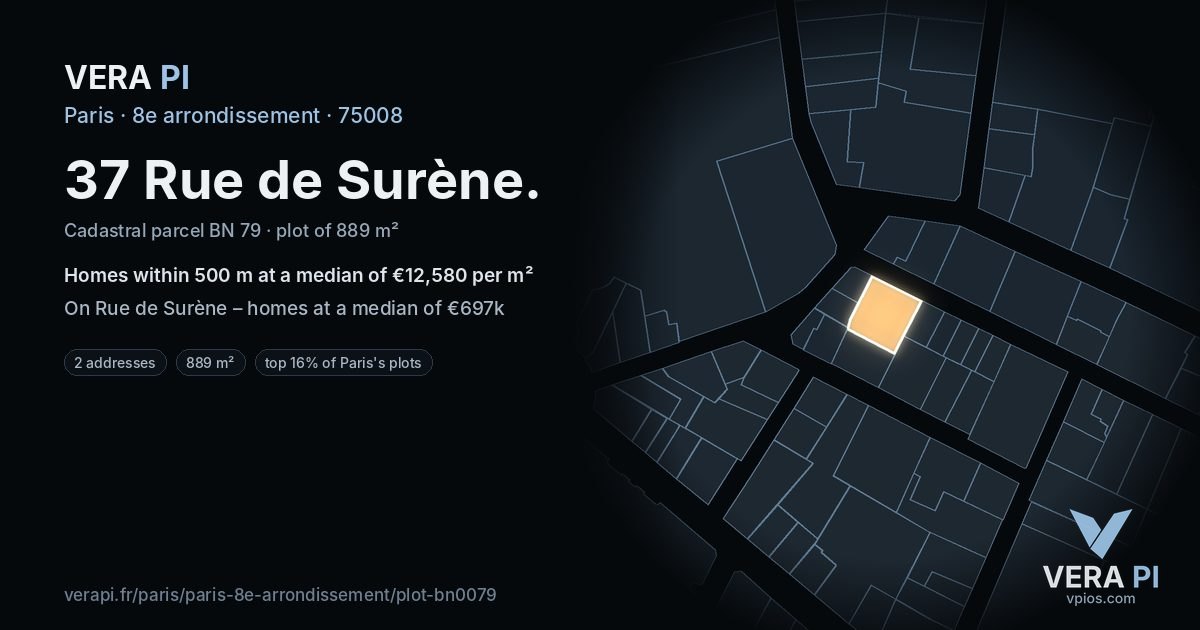 37 Rue de Surène, 8e arrondissement at night – the plot lit, the parcels around coloured by the prices near them