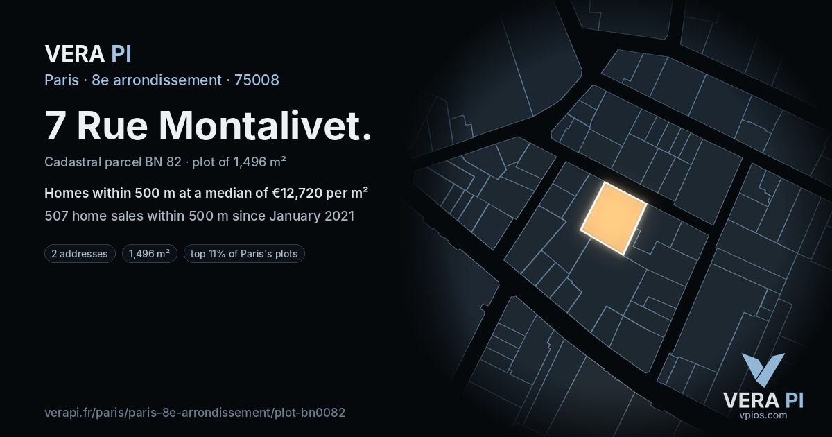 7 Rue Montalivet, 8e arrondissement at night – the plot lit, the parcels around coloured by the prices near them