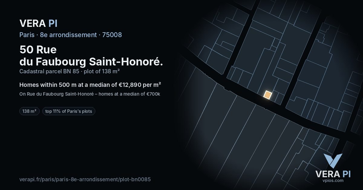 50 Rue du Faubourg Saint-Honoré, 8e arrondissement at night – the plot lit, the parcels around coloured by the prices near them