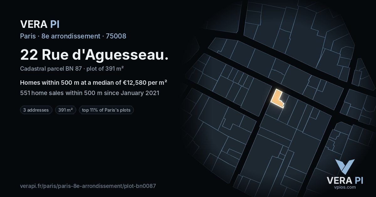 22 Rue d'Aguesseau, 8e arrondissement at night – the plot lit, the parcels around coloured by the prices near them