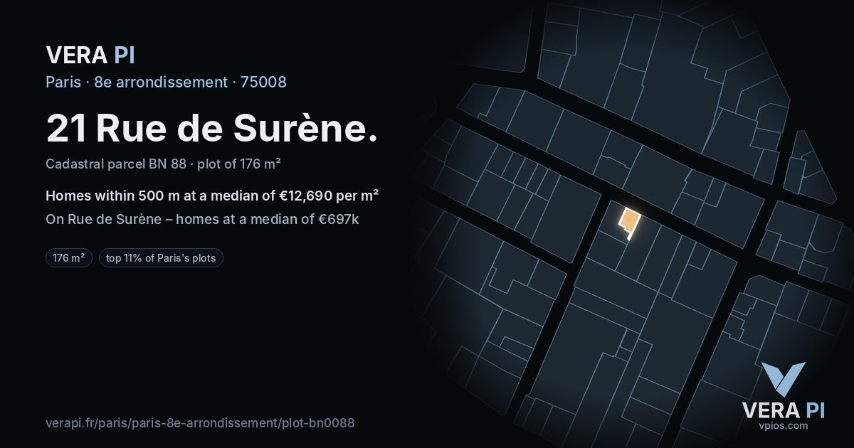 21 Rue de Surène, 8e arrondissement at night – the plot lit, the parcels around coloured by the prices near them