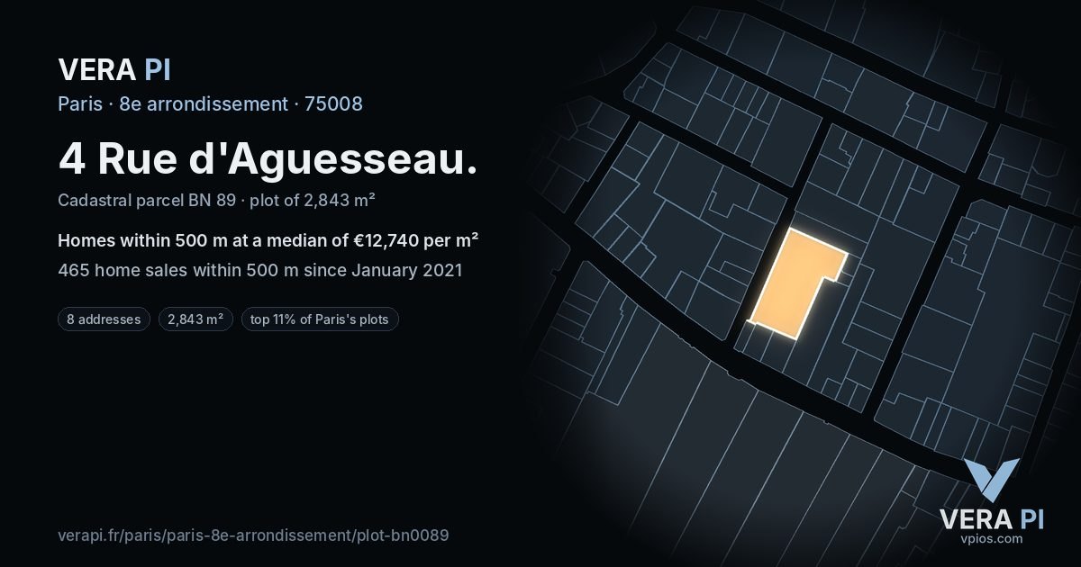 4 Rue d'Aguesseau, 8e arrondissement at night – the plot lit, the parcels around coloured by the prices near them