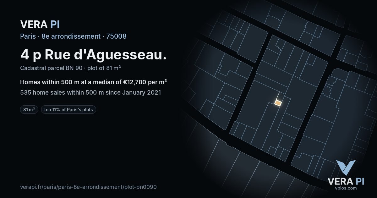 4 p Rue d'Aguesseau, 8e arrondissement at night – the plot lit, the parcels around coloured by the prices near them