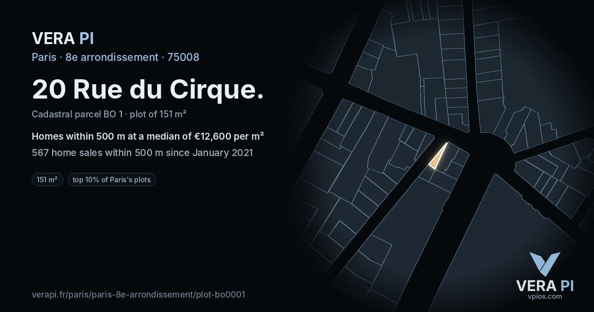 20 Rue du Cirque, 8e arrondissement at night – the plot lit, the parcels around coloured by the prices near them