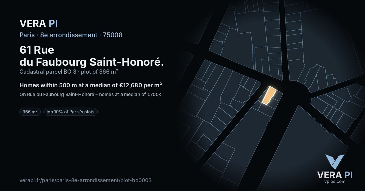 61 Rue du Faubourg Saint-Honoré, 8e arrondissement at night – the plot lit, the parcels around coloured by the prices near them