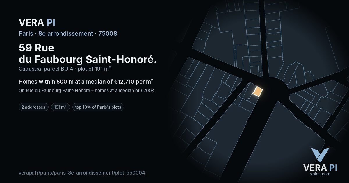 59 Rue du Faubourg Saint-Honoré, 8e arrondissement at night – the plot lit, the parcels around coloured by the prices near them