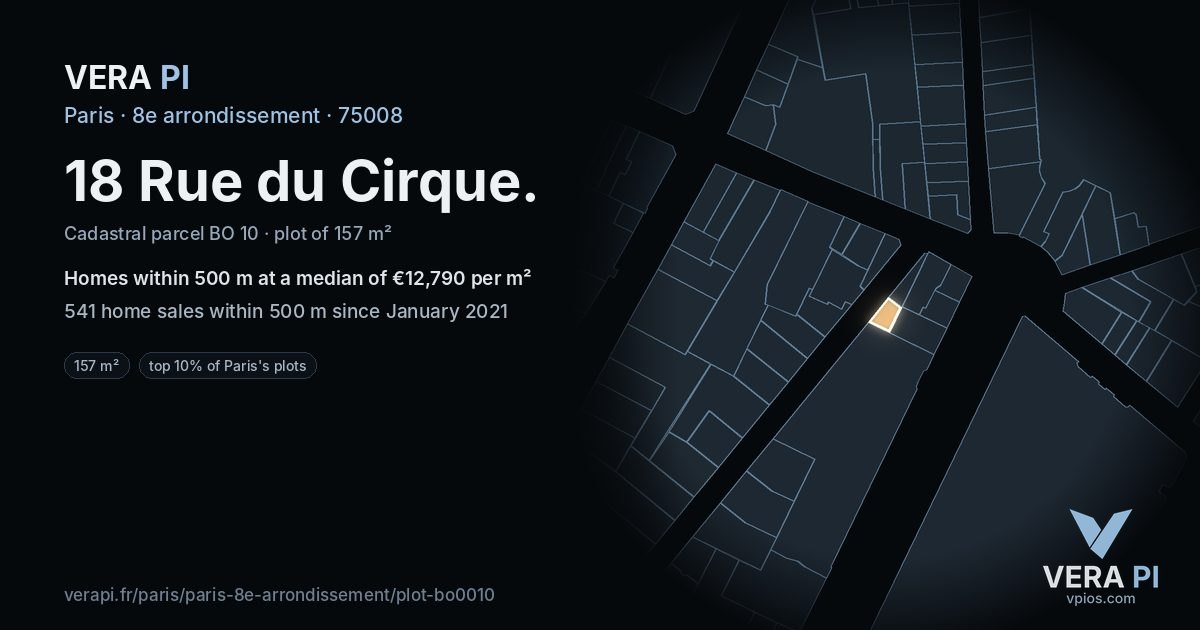 18 Rue du Cirque, 8e arrondissement at night – the plot lit, the parcels around coloured by the prices near them