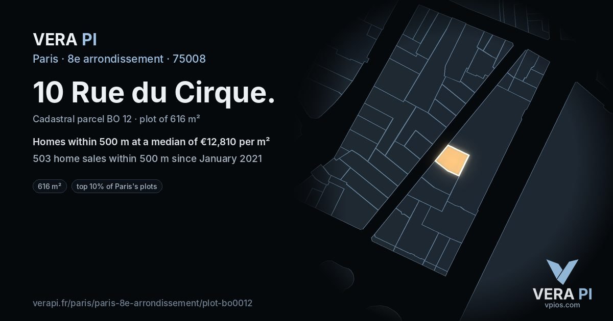 10 Rue du Cirque, 8e arrondissement at night – the plot lit, the parcels around coloured by the prices near them