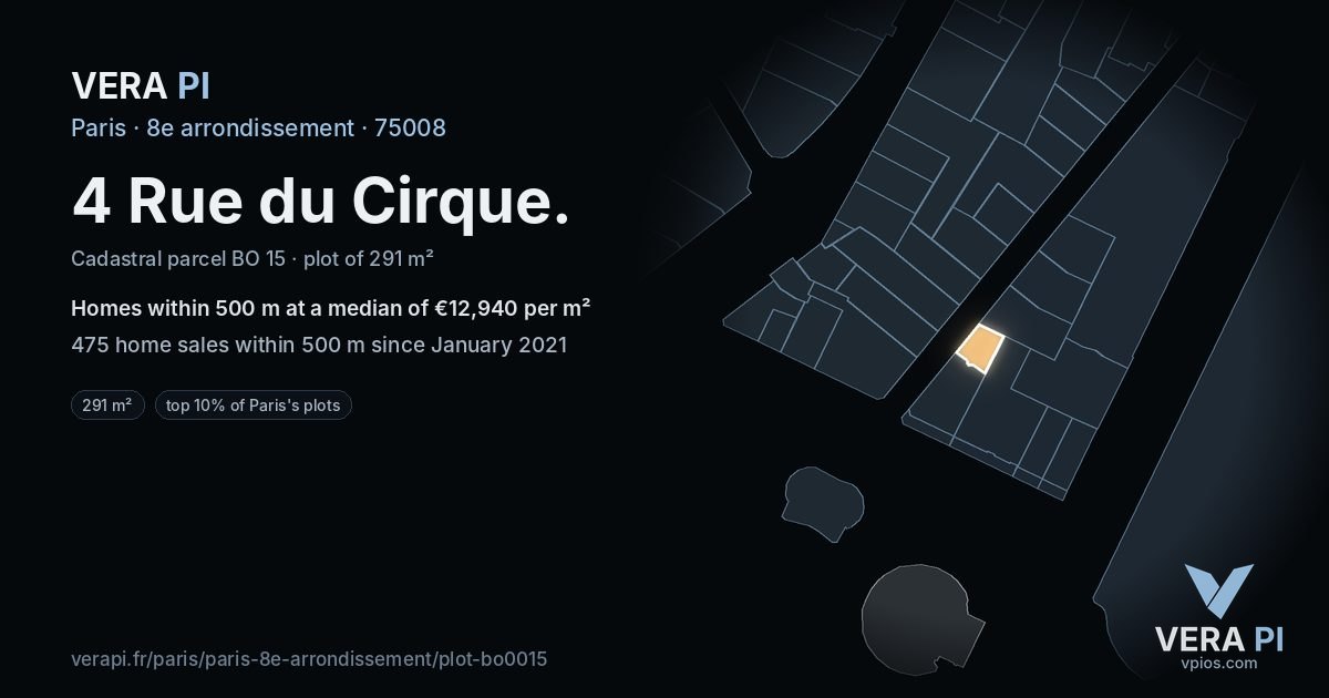 4 Rue du Cirque, 8e arrondissement at night – the plot lit, the parcels around coloured by the prices near them