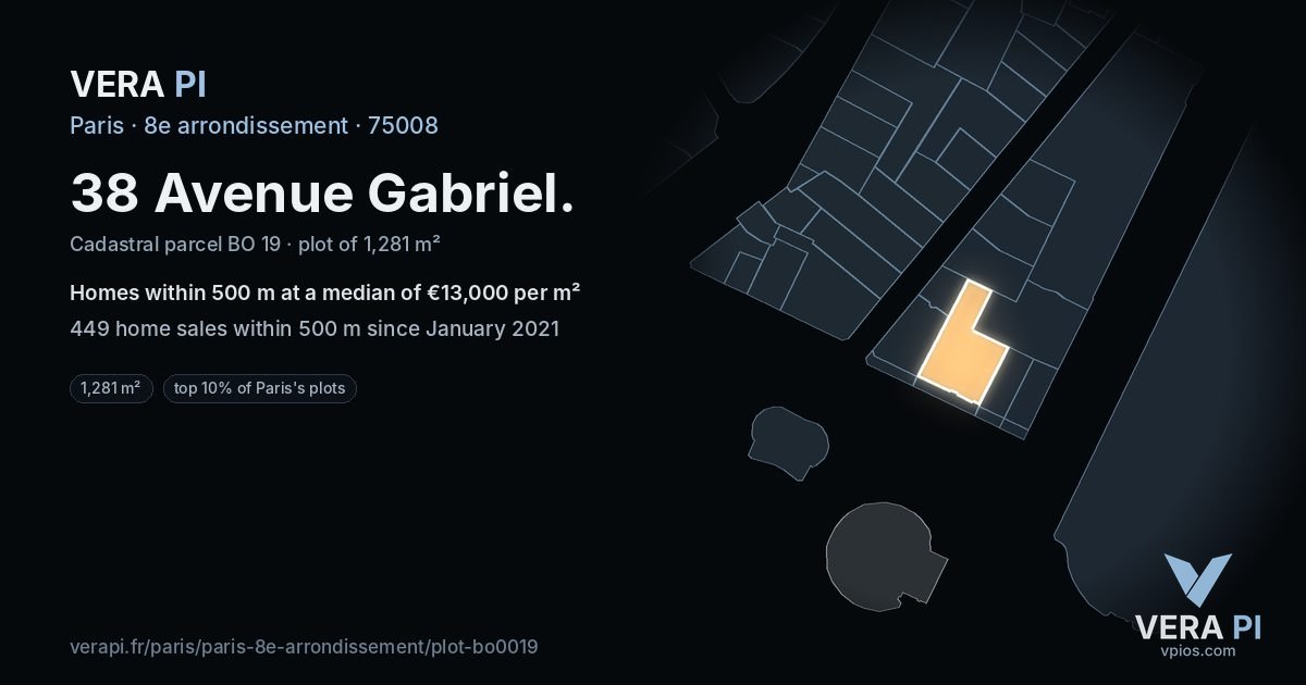38 Avenue Gabriel, 8e arrondissement at night – the plot lit, the parcels around coloured by the prices near them