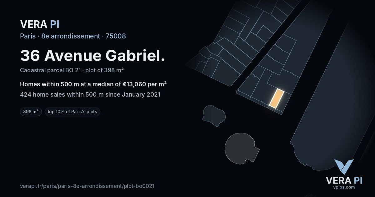 36 Avenue Gabriel, 8e arrondissement at night – the plot lit, the parcels around coloured by the prices near them