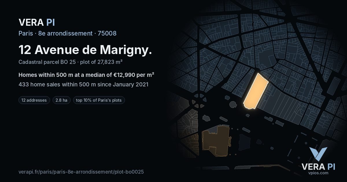 12 Avenue de Marigny, 8e arrondissement at night – the plot lit, the parcels around coloured by the prices near them