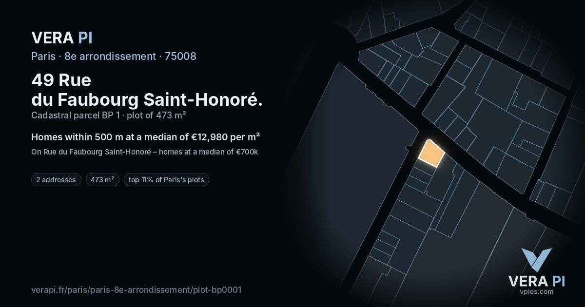 49 Rue du Faubourg Saint-Honoré, 8e arrondissement at night – the plot lit, the parcels around coloured by the prices near them