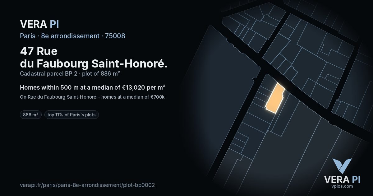 47 Rue du Faubourg Saint-Honoré, 8e arrondissement at night – the plot lit, the parcels around coloured by the prices near them